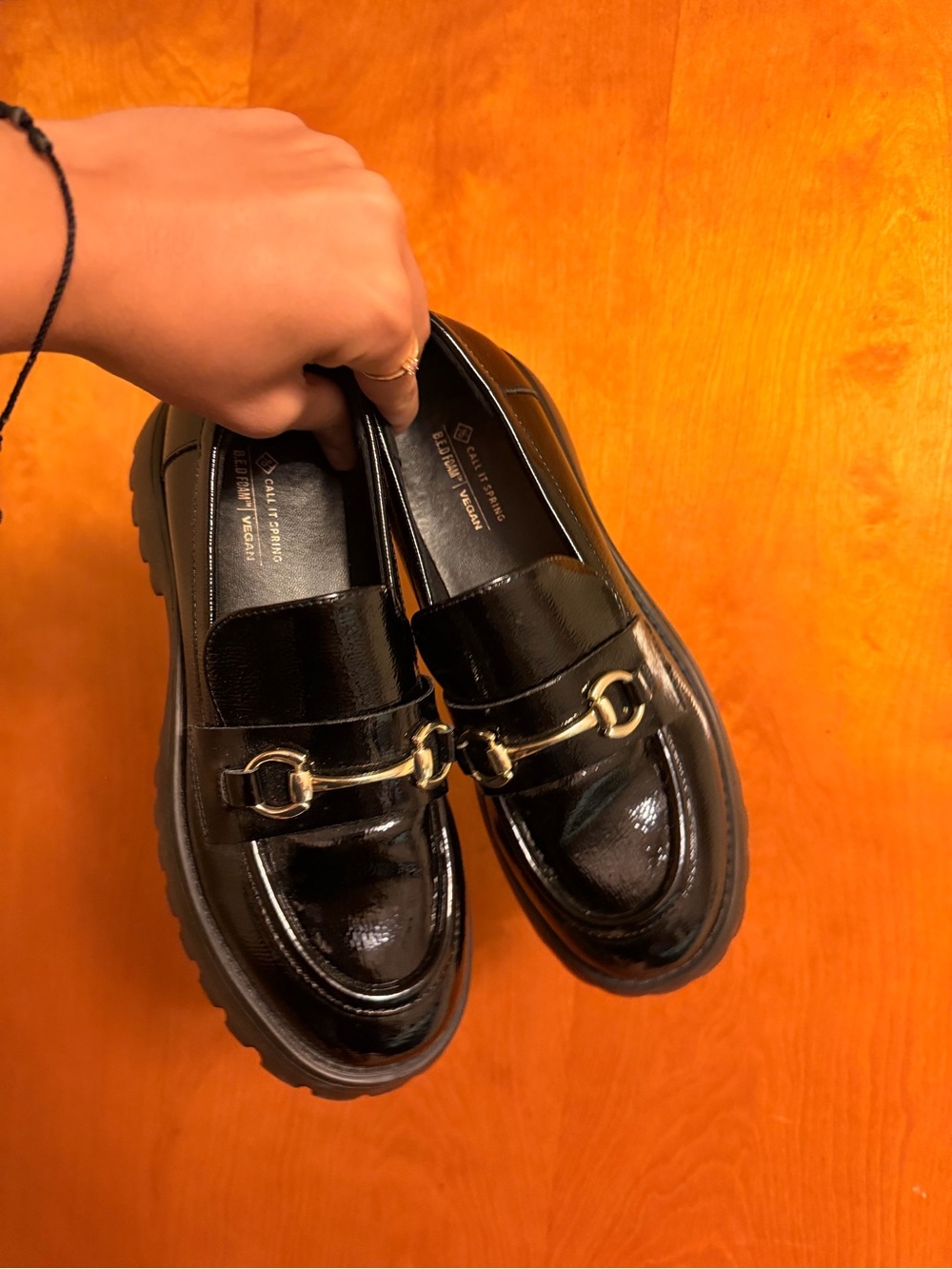 Call It Spring Black Patent Loafers with Gold Bit Hardware